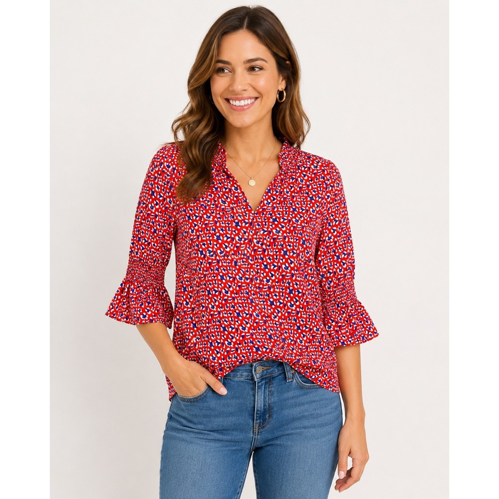 Jade Melody Tam Red Blue Abstract Print Smocked Bell Sleeve Blouse Womens Small